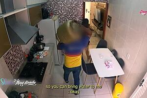 Steamy Latina milf flashes big natural tits post-shower for delivery guy