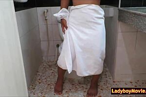 hey watch this hairy thai ladyboy wank her cock in the bathroom hotel room