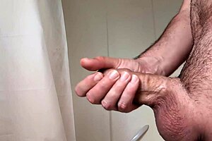 Amateur big cock close-up solo masturbation in steamy bathroom before bath