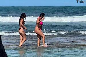 Two Stunning Brazilian Brunettes Kiss and Caress on Pristine Coral Beach Paradise