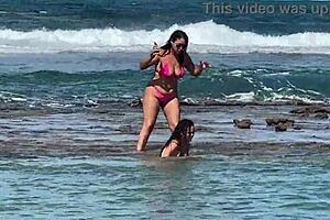 Two Stunning Brazilian Brunettes Kiss and Caress on Pristine Coral Beach Paradise