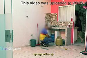 Steamy Latina milf flashes big natural tits post-shower for delivery guy