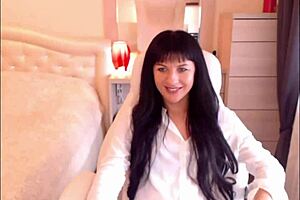 small titted brunette helga muah aka jessy strips out of lingerie stockings and teases her perky tits