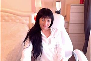 small titted brunette helga muah aka jessy strips out of lingerie stockings and teases her perky tits