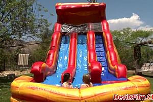 Lesbian Strapon Orgy Soaks Outdoors Wildly